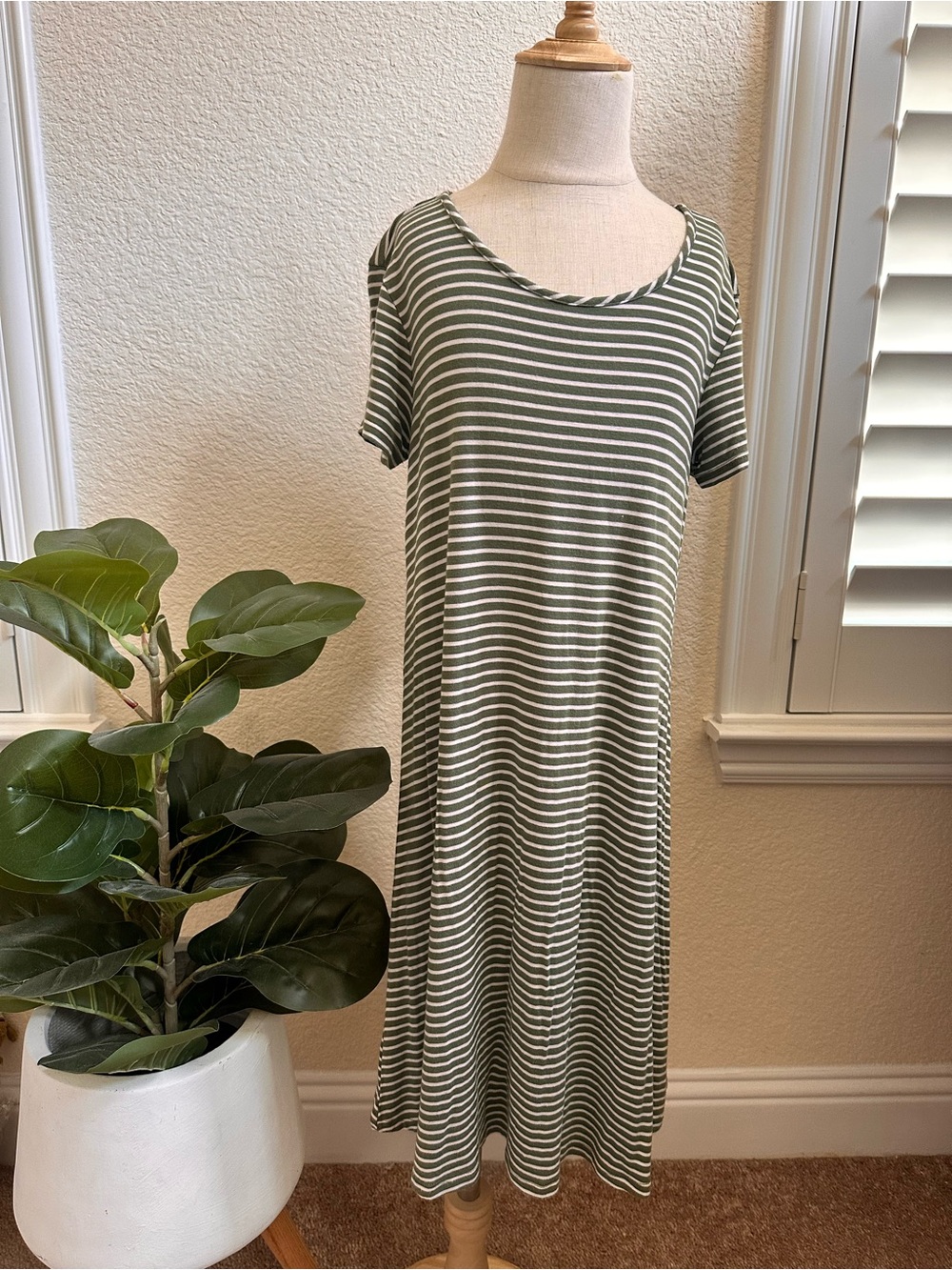 Girls Olive Green and White Striped - Midi Dress
